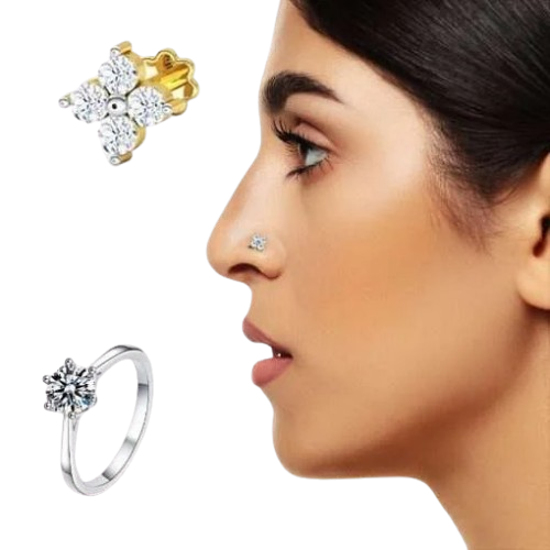 4 Stone Diamond Cut Nosepin with Finger Ring