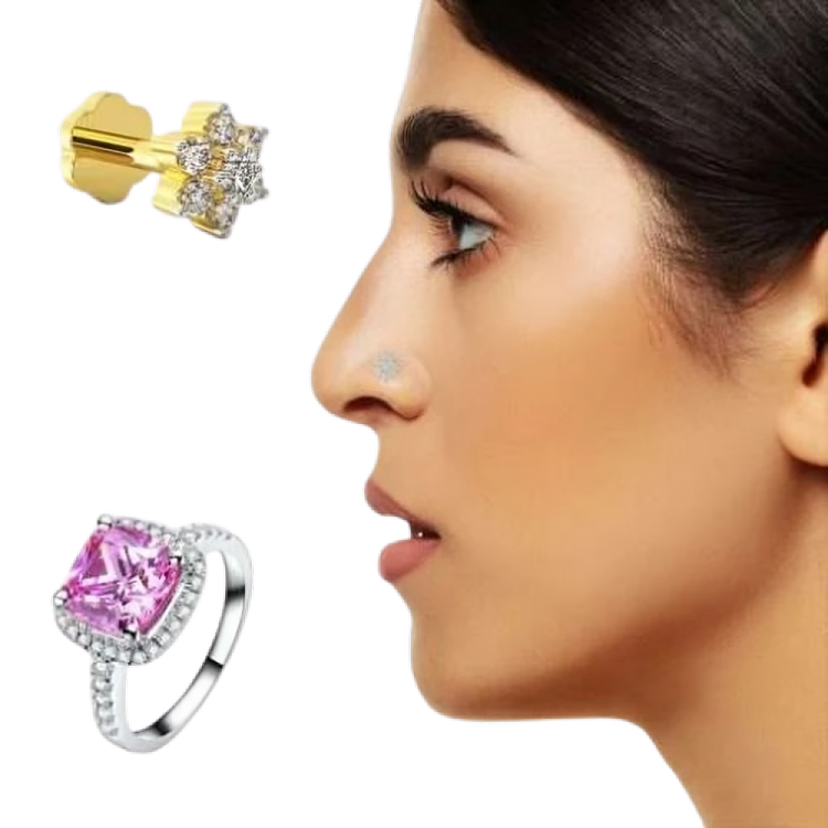 7 Stone Diamond Cut Nosepin with Finger Ring